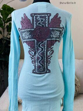 Vocal Apparel Women's Embellished Crystal Aqua Blue Cross Rose Shirt S M L XL